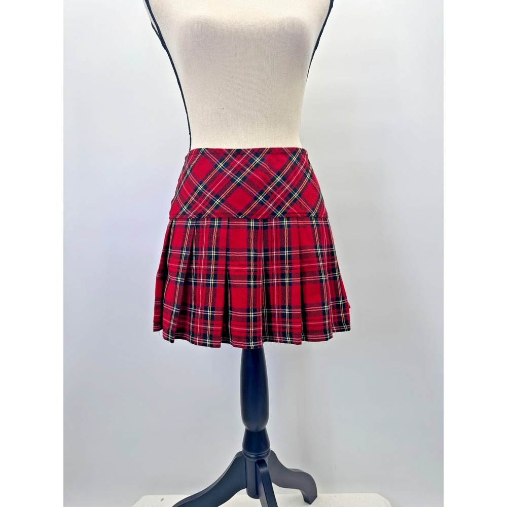 VTG Y2K Royal Bones Red Plaid Pleated Mini Micro Skirt S Academia Goth Grunge